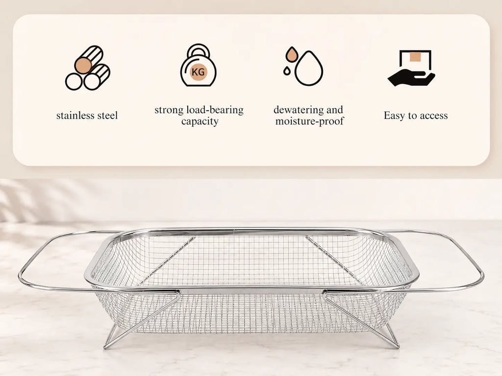 Stainless Steel Expandable Over-the-Sink Colander Strainer Basket with Handles - Rectangular Fine Mesh Kitchen Utensil in Silver
