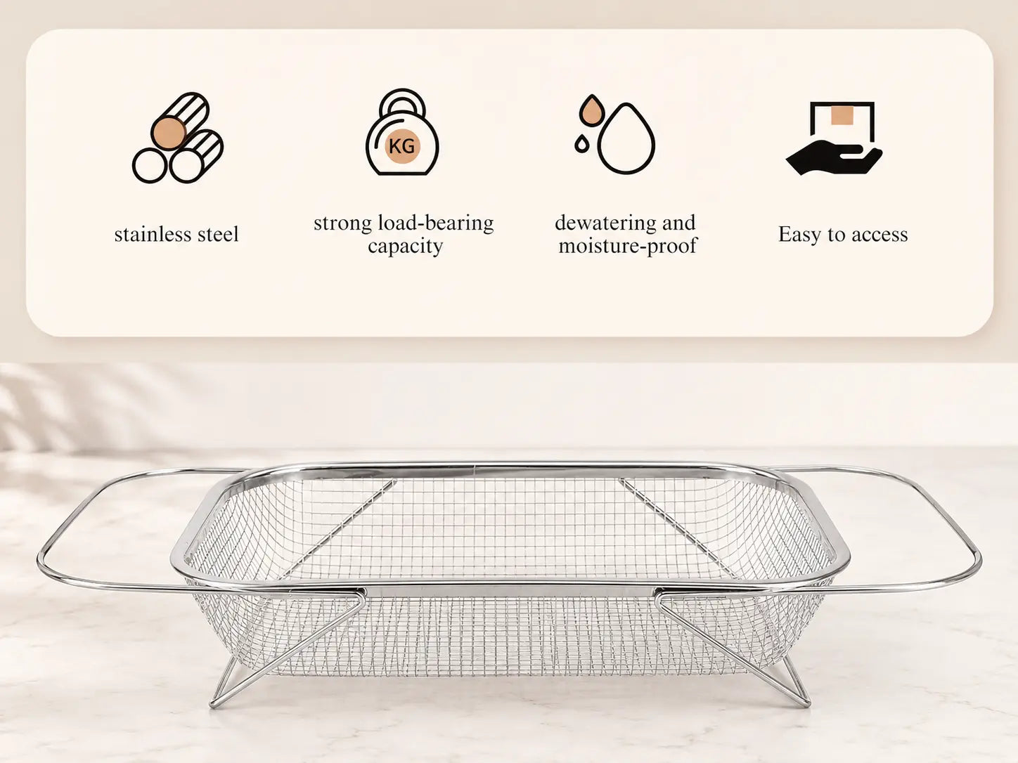 Stainless Steel Expandable Over-the-Sink Colander Strainer Basket with Handles - Rectangular Fine Mesh Kitchen Utensil in Silver