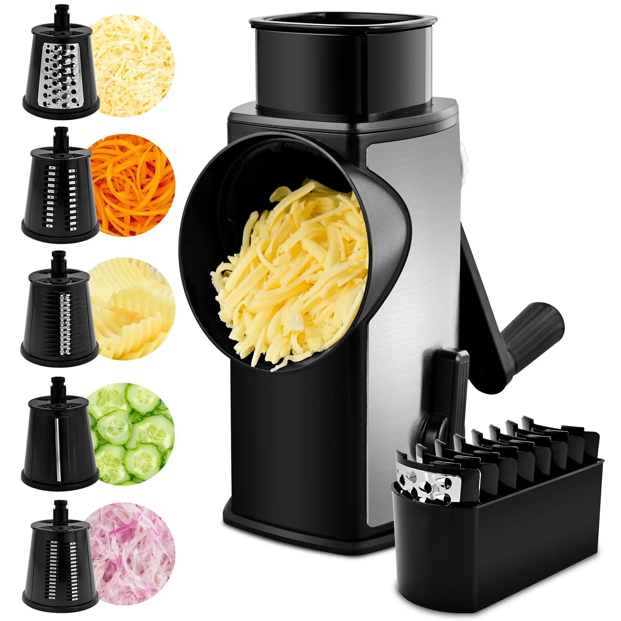 SUSTEAS Manual Cheese Shredder and Rotary Grater with 5 Stainless Steel Blades, Strong Suction Cup Base, Multi-Functional Vegetable Slicer, Kitchen Utensils and Gadgets
