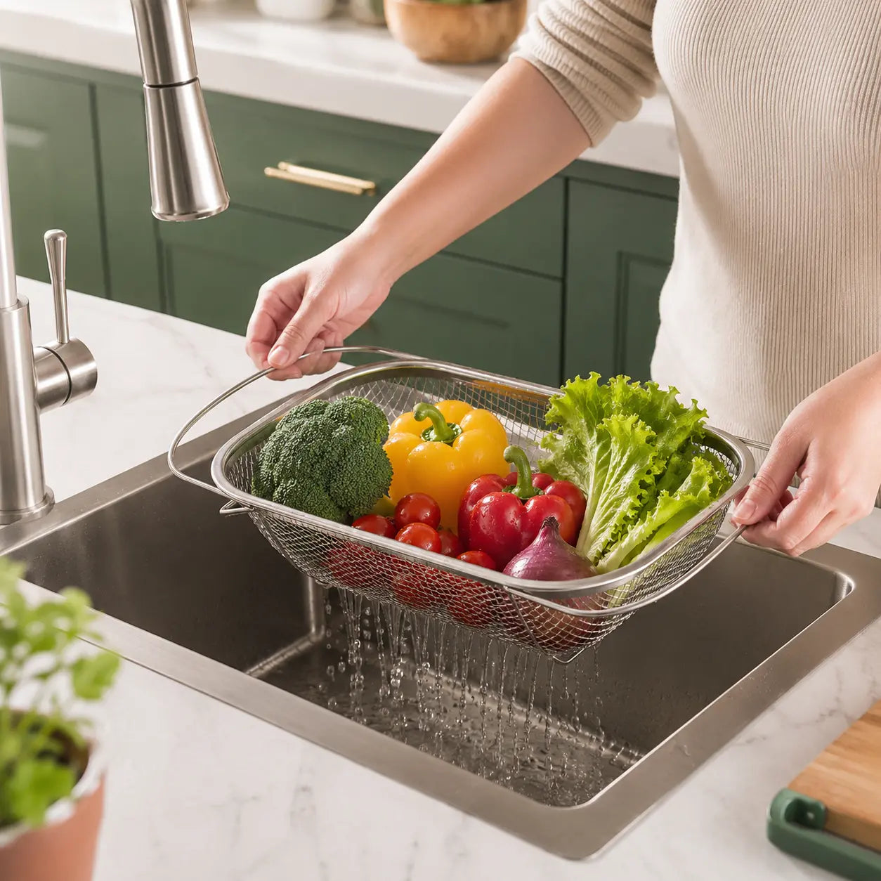Stainless Steel Expandable Over-the-Sink Colander Strainer Basket with Handles - Rectangular Fine Mesh Kitchen Utensil in Silver