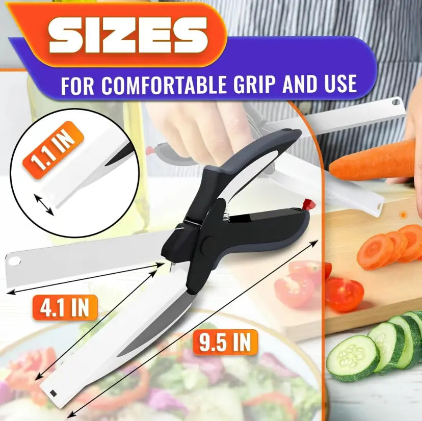 2-in-1 Heavy Duty Kitchen Scissors with Stainless Steel Blade and Plastic Cutting Board - Safety Lock, Tomato Cutter, Meat and Cheese Shears for Food Preparation, Fruit and Vegetable Slicing