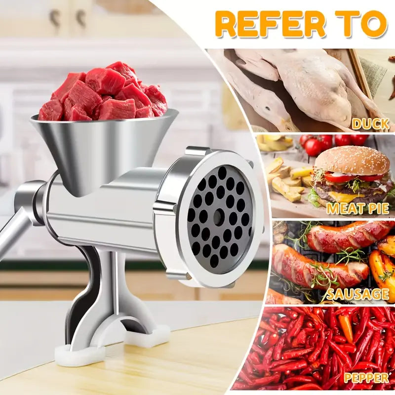 Manual Meat Grinder - Premium Stainless Steel Construction with Tungsten Blade, Includes 3 Sausage Tubes, Efficient Electric-Free Mincer for Home and Camping Use