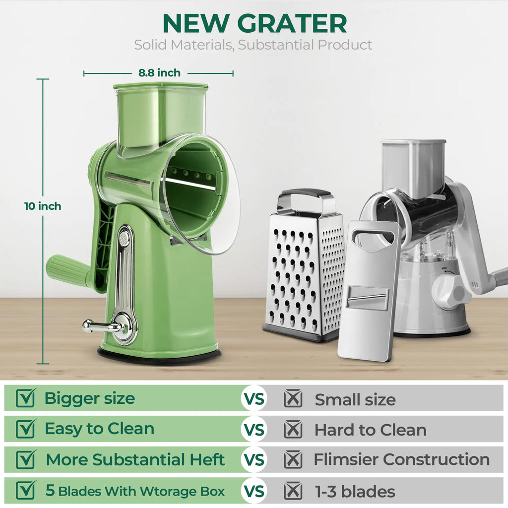 SUSTEAS Manual Cheese Shredder and Rotary Grater with 5 Stainless Steel Blades, Strong Suction Cup Base, Multi-Functional Vegetable Slicer, Kitchen Utensils and Gadgets