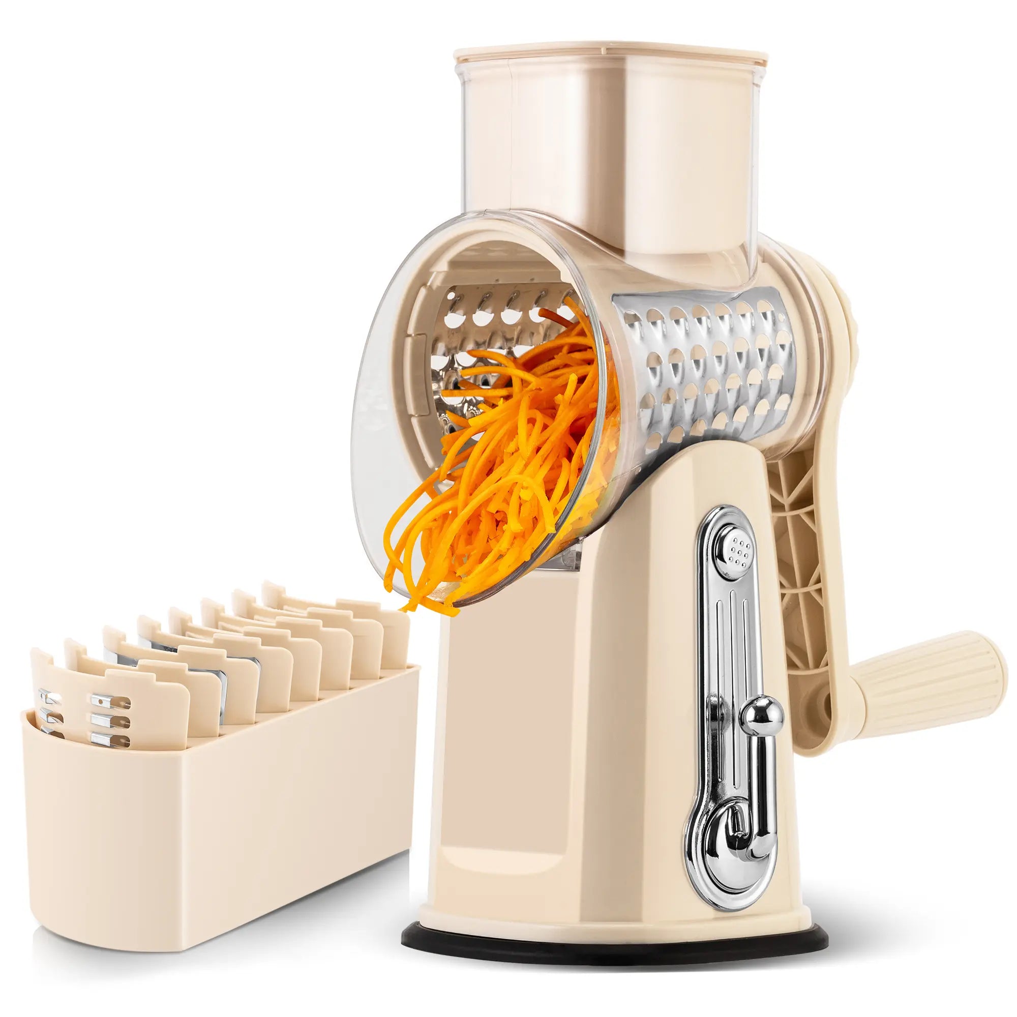 SUSTEAS Manual Cheese Shredder and Rotary Grater with 5 Stainless Steel Blades, Strong Suction Cup Base, Multi-Functional Vegetable Slicer, Kitchen Utensils and Gadgets