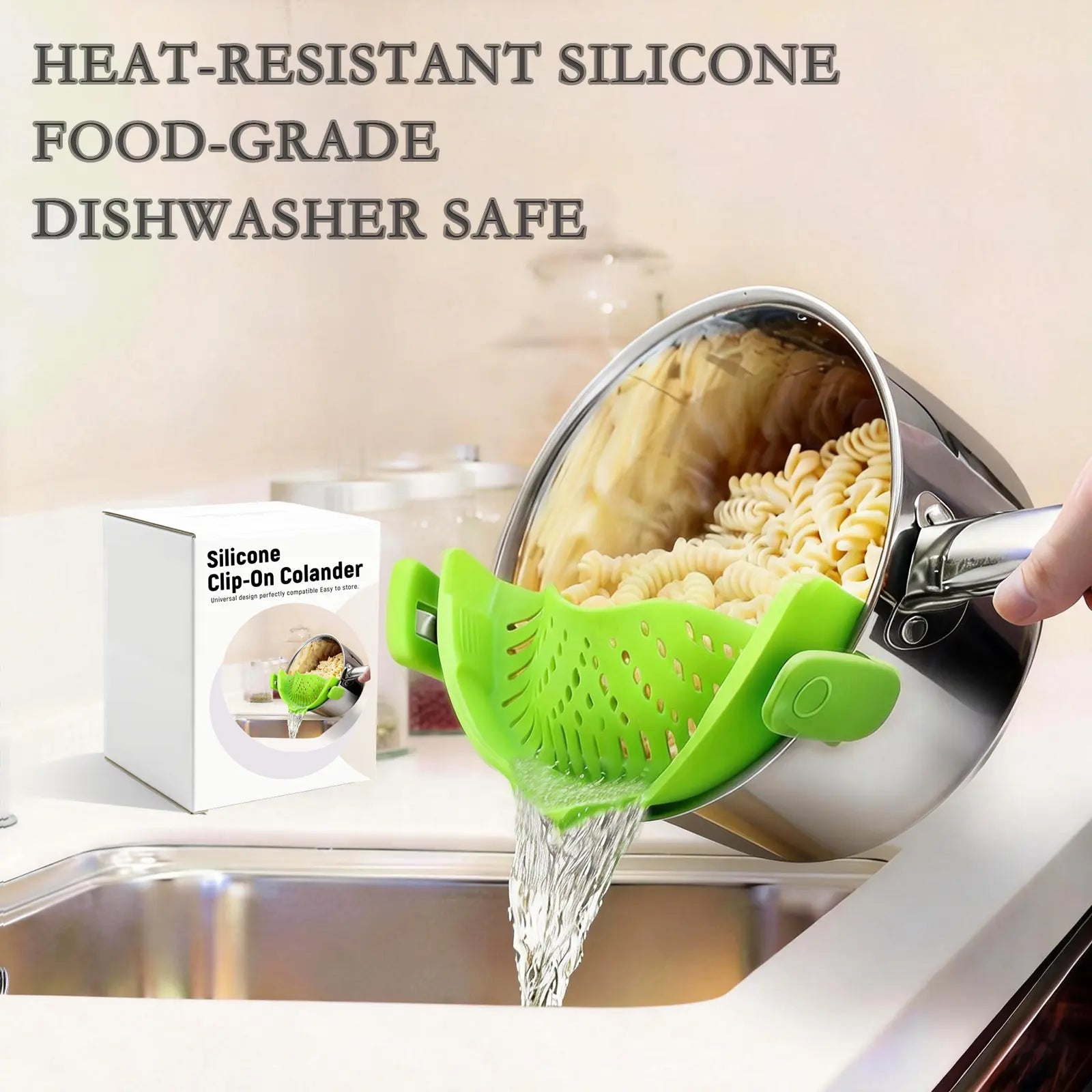 Gray Silicone Clip-On Pasta Strainer - Heat-Resistant Colander for Efficient Draining of Vegetables and Noodles - Space-Saving Kitchen Utensil