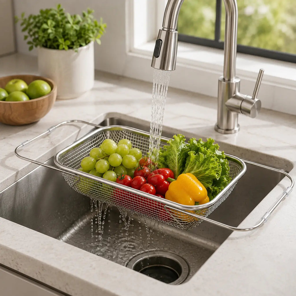 Stainless Steel Expandable Over-the-Sink Colander Strainer Basket with Handles - Rectangular Fine Mesh Kitchen Utensil in Silver
