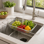 Stainless Steel Expandable Over-the-Sink Colander Strainer Basket with Handles - Rectangular Fine Mesh Kitchen Utensil in Silver