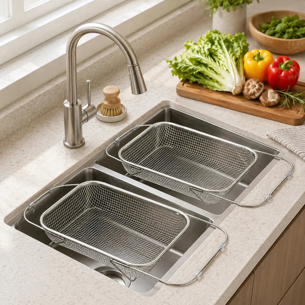 Stainless Steel Expandable Over-the-Sink Colander Strainer Basket with Handles - Rectangular Fine Mesh Kitchen Utensil in Silver