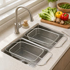 Stainless Steel Expandable Over-the-Sink Colander Strainer Basket with Handles - Rectangular Fine Mesh Kitchen Utensil in Silver