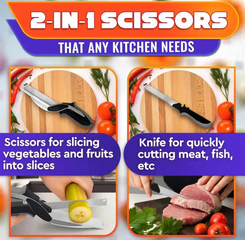 2-in-1 Heavy Duty Kitchen Scissors with Stainless Steel Blade and Plastic Cutting Board - Safety Lock, Tomato Cutter, Meat and Cheese Shears for Food Preparation, Fruit and Vegetable Slicing