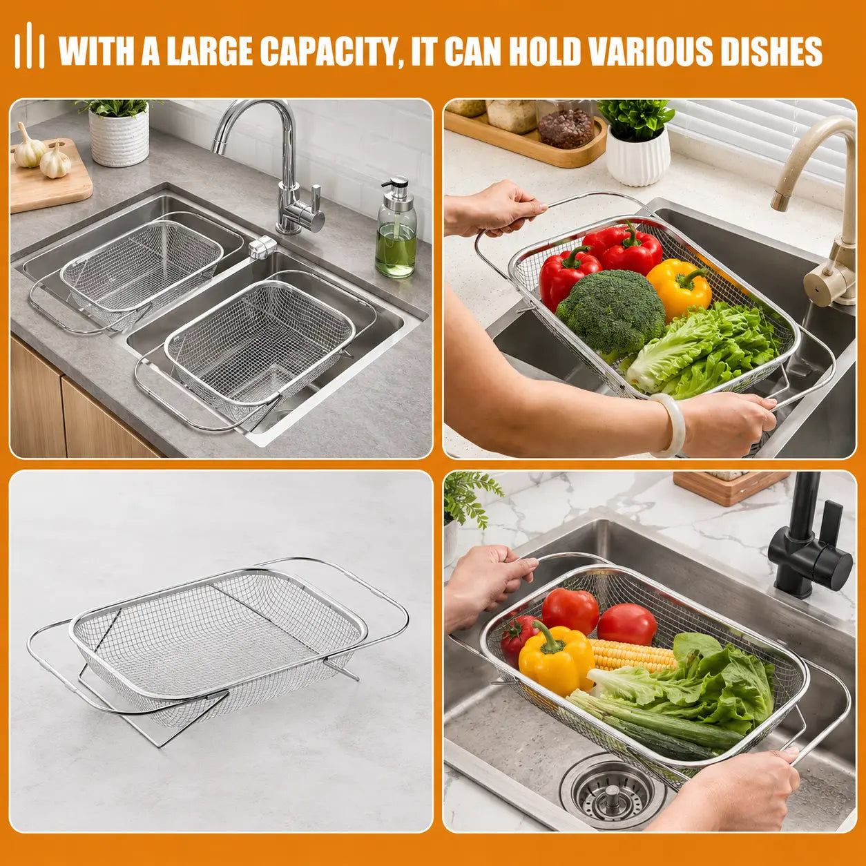 Stainless Steel Expandable Over-the-Sink Colander Strainer Basket with Handles - Rectangular Fine Mesh Kitchen Utensil in Silver