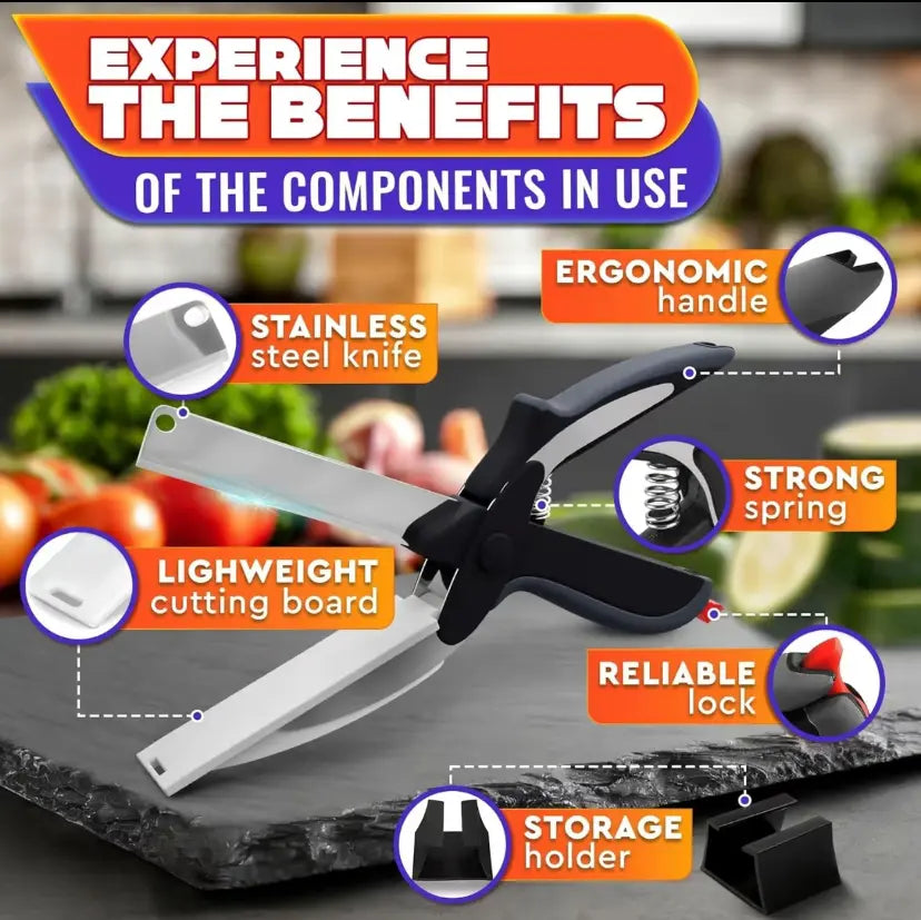 2-in-1 Heavy Duty Kitchen Scissors with Stainless Steel Blade and Plastic Cutting Board - Safety Lock, Tomato Cutter, Meat and Cheese Shears for Food Preparation, Fruit and Vegetable Slicing
