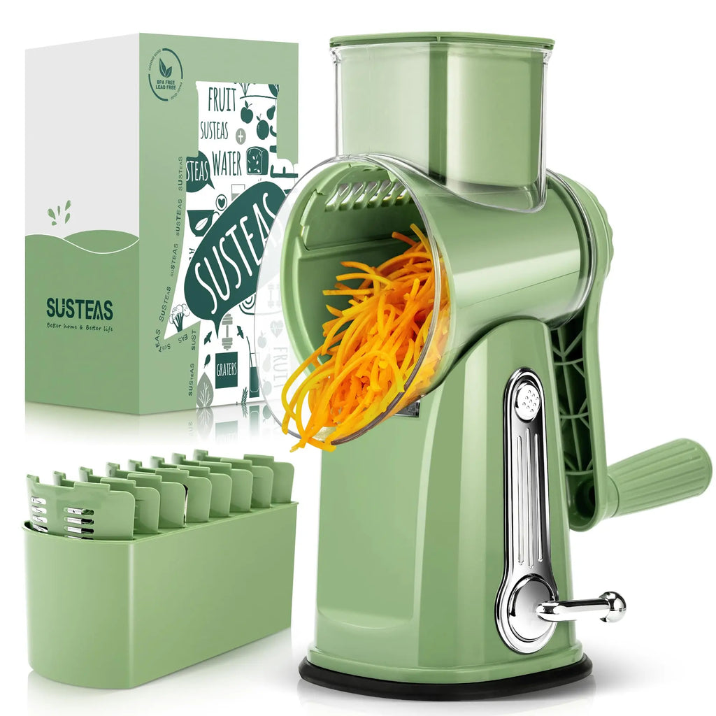 SUSTEAS Manual Cheese Shredder and Rotary Grater with 5 Stainless Steel Blades, Strong Suction Cup Base, Multi-Functional Vegetable Slicer, Kitchen Utensils and Gadgets