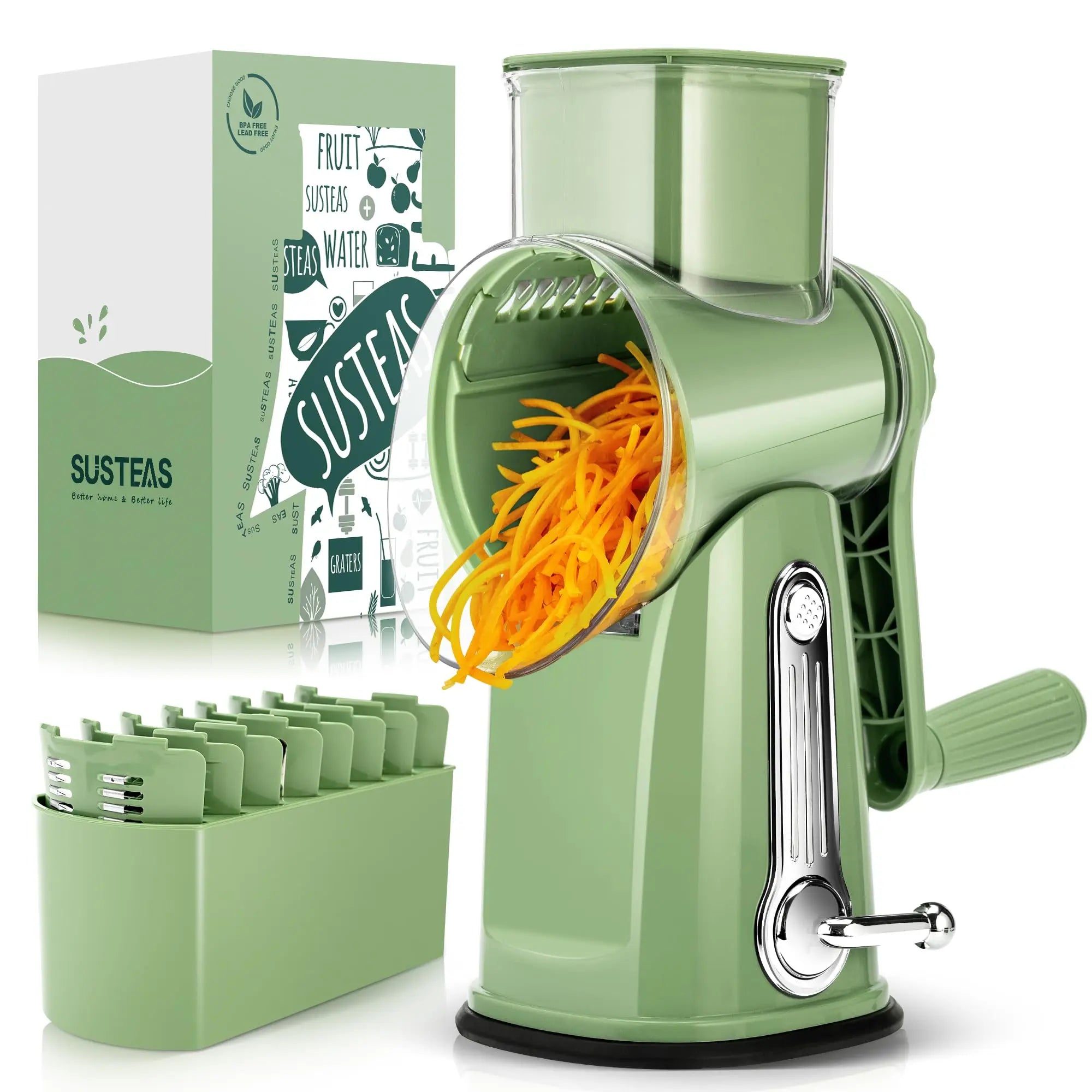 SUSTEAS Manual Cheese Shredder and Rotary Grater with 5 Stainless Steel Blades, Strong Suction Cup Base, Multi-Functional Vegetable Slicer, Kitchen Utensils and Gadgets