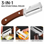 (Upgraded Thickened Version) Wood Handle Multifunction Kitchen Peeler – Peel, Slice, Scrape & Bottle Opener Tool
