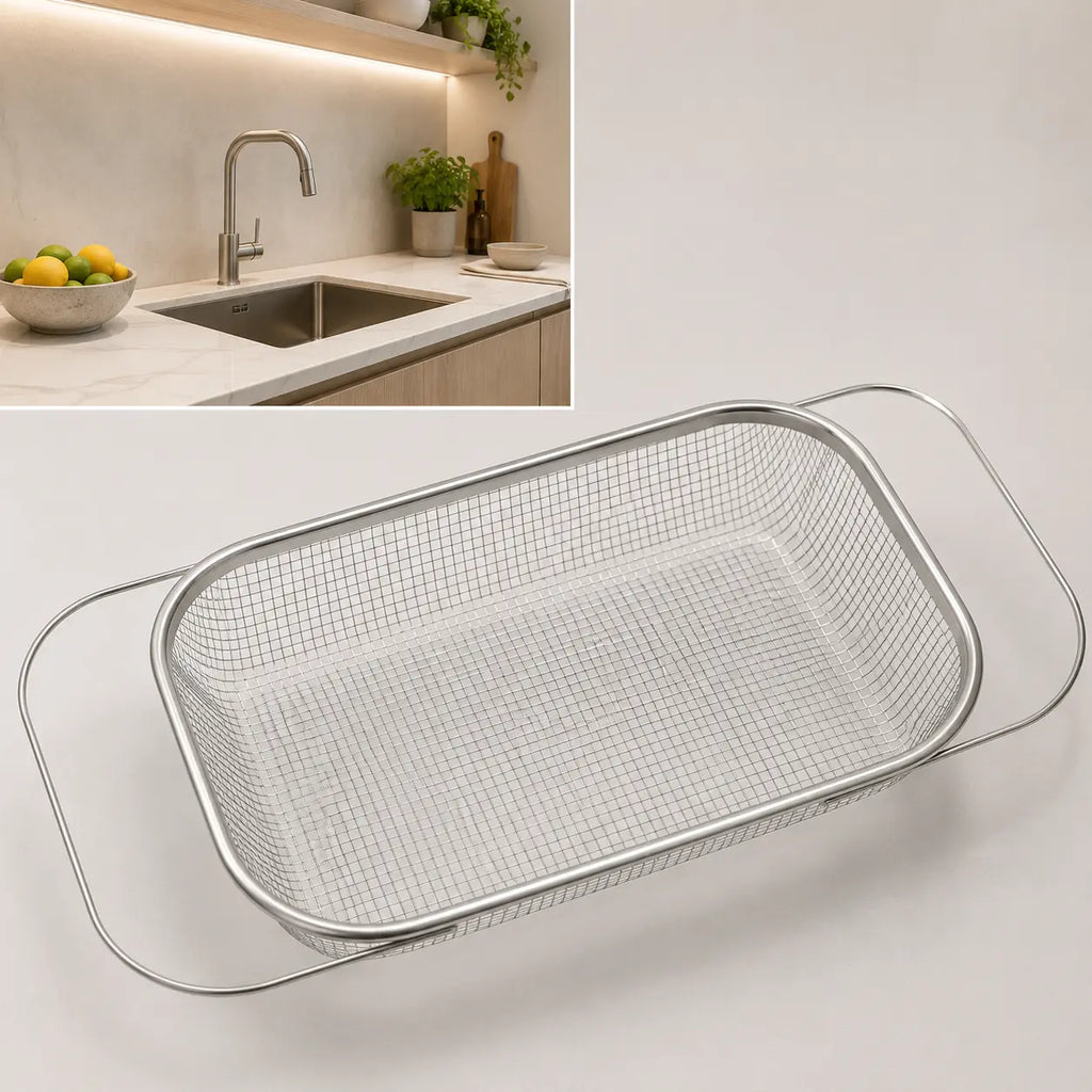 Stainless Steel Expandable Over-the-Sink Colander Strainer Basket with Handles - Rectangular Fine Mesh Kitchen Utensil in Silver