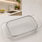Stainless Steel Expandable Over-the-Sink Colander Strainer Basket with Handles - Rectangular Fine Mesh Kitchen Utensil in Silver