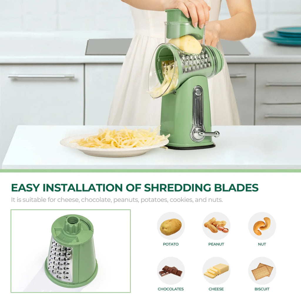 SUSTEAS Manual Cheese Shredder and Rotary Grater with 5 Stainless Steel Blades, Strong Suction Cup Base, Multi-Functional Vegetable Slicer, Kitchen Utensils and Gadgets