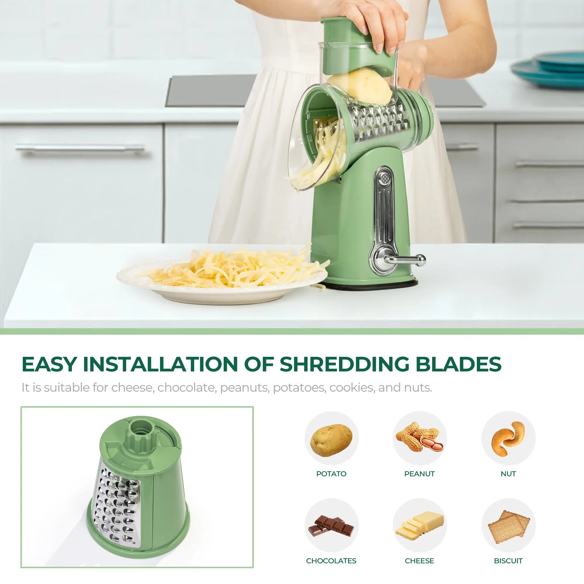 SUSTEAS Manual Cheese Shredder and Rotary Grater with 5 Stainless Steel Blades, Strong Suction Cup Base, Multi-Functional Vegetable Slicer, Kitchen Utensils and Gadgets