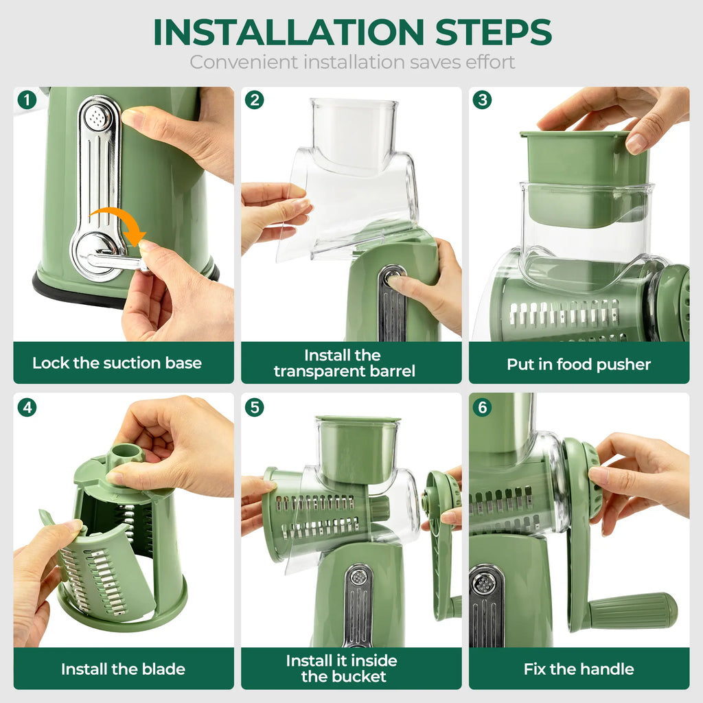 SUSTEAS Manual Cheese Shredder and Rotary Grater with 5 Stainless Steel Blades, Strong Suction Cup Base, Multi-Functional Vegetable Slicer, Kitchen Utensils and Gadgets