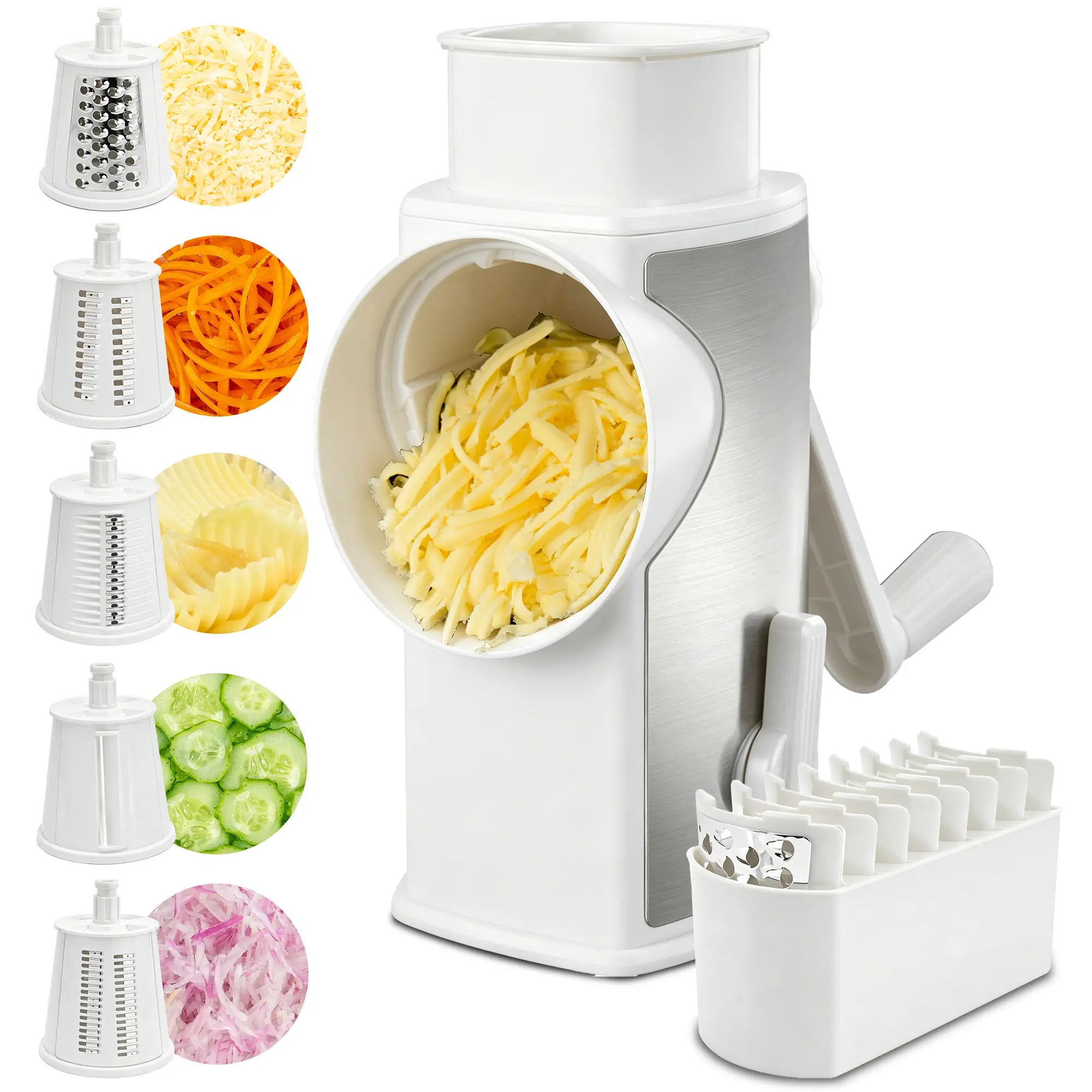 SUSTEAS Manual Cheese Shredder and Rotary Grater with 5 Stainless Steel Blades, Strong Suction Cup Base, Multi-Functional Vegetable Slicer, Kitchen Utensils and Gadgets