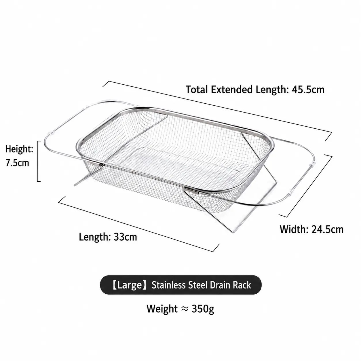 Stainless Steel Expandable Over-the-Sink Colander Strainer Basket with Handles - Rectangular Fine Mesh Kitchen Utensil in Silver