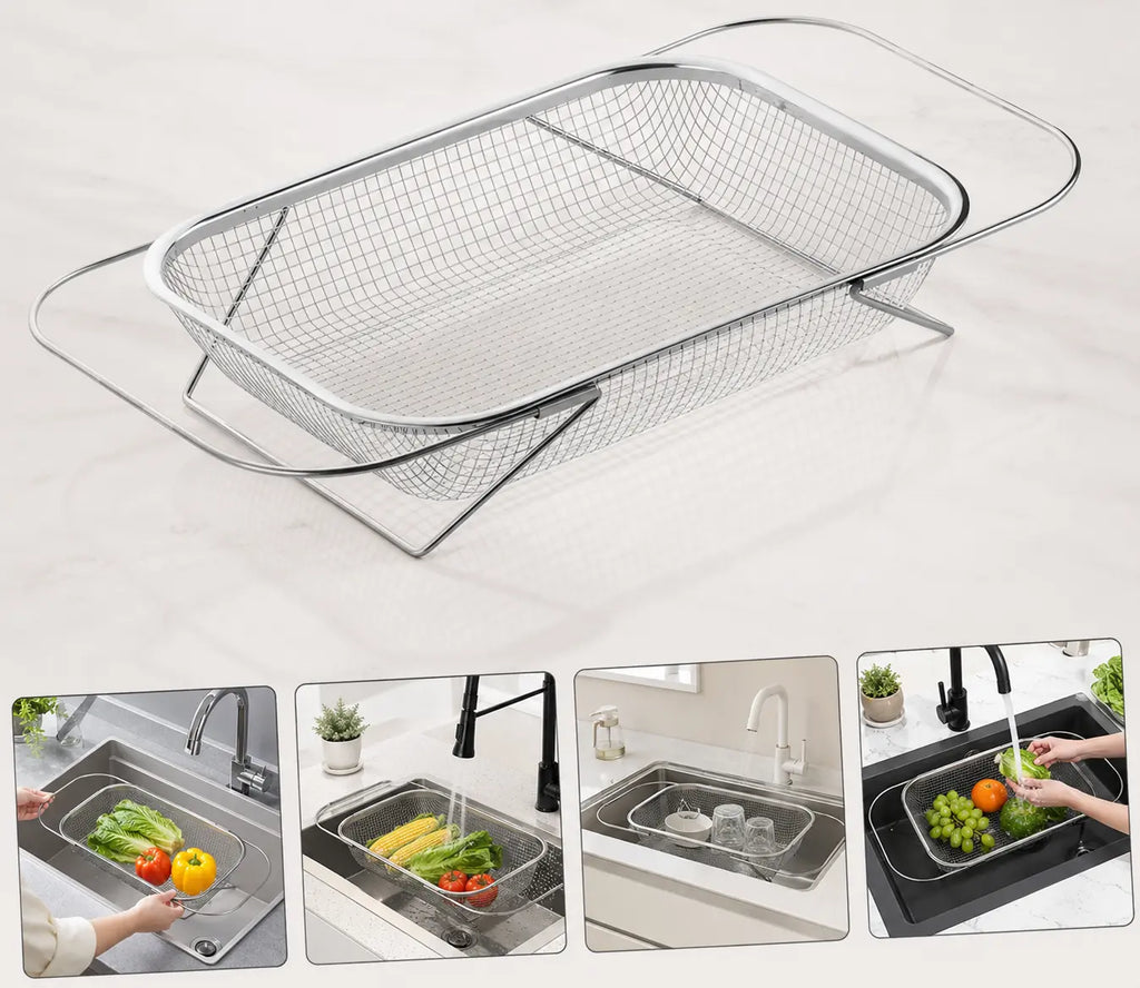 Stainless Steel Expandable Over-the-Sink Colander Strainer Basket with Handles - Rectangular Fine Mesh Kitchen Utensil in Silver