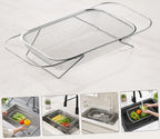 Stainless Steel Expandable Over-the-Sink Colander Strainer Basket with Handles - Rectangular Fine Mesh Kitchen Utensil in Silver