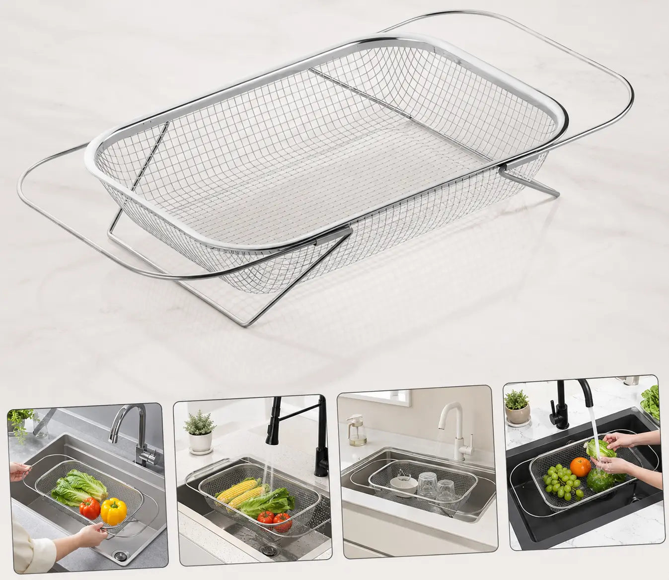 Stainless Steel Expandable Over-the-Sink Colander Strainer Basket with Handles - Rectangular Fine Mesh Kitchen Utensil in Silver