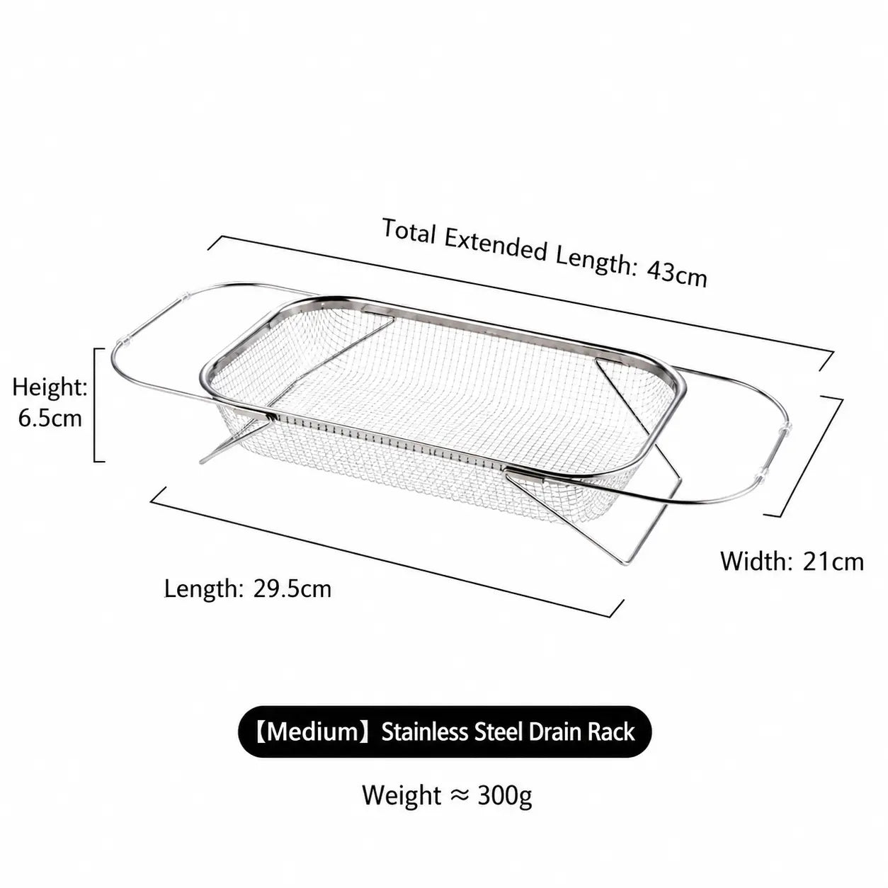 Stainless Steel Expandable Over-the-Sink Colander Strainer Basket with Handles - Rectangular Fine Mesh Kitchen Utensil in Silver