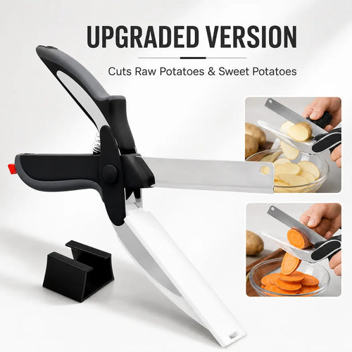 2-in-1 Heavy Duty Kitchen Scissors with Stainless Steel Blade and Plastic Cutting Board - Safety Lock, Tomato Cutter, Meat and Cheese Shears for Food Preparation, Fruit and Vegetable Slicing