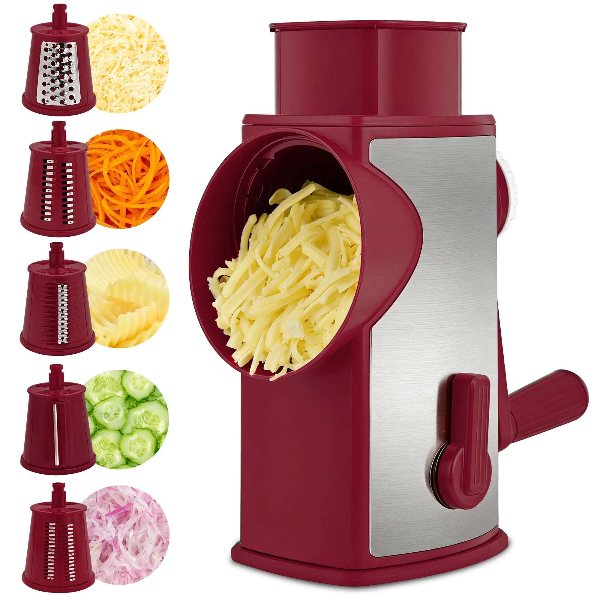 SUSTEAS Manual Cheese Shredder and Rotary Grater with 5 Stainless Steel Blades, Strong Suction Cup Base, Multi-Functional Vegetable Slicer, Kitchen Utensils and Gadgets