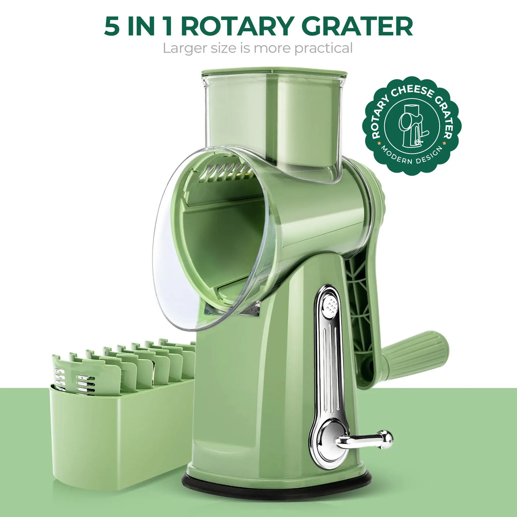 SUSTEAS Manual Cheese Shredder and Rotary Grater with 5 Stainless Steel Blades, Strong Suction Cup Base, Multi-Functional Vegetable Slicer, Kitchen Utensils and Gadgets