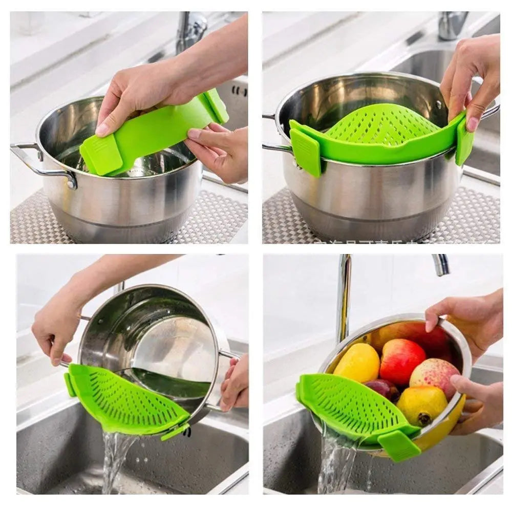 Gray Silicone Clip-On Pasta Strainer - Heat-Resistant Colander for Efficient Draining of Vegetables and Noodles - Space-Saving Kitchen Utensil