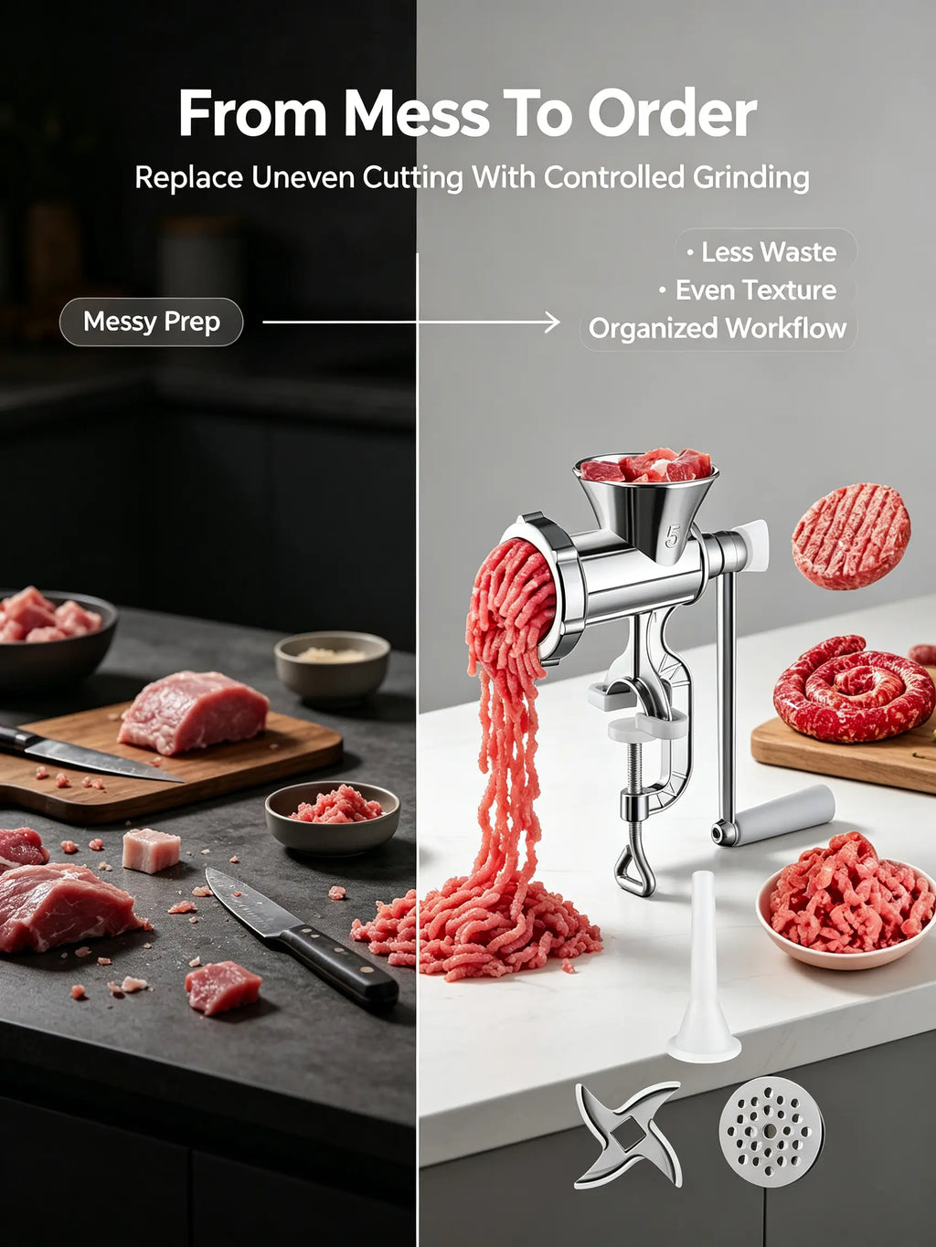 Manual Meat Grinder - Premium Stainless Steel Construction with Tungsten Blade, Includes 3 Sausage Tubes, Efficient Electric-Free Mincer for Home and Camping Use