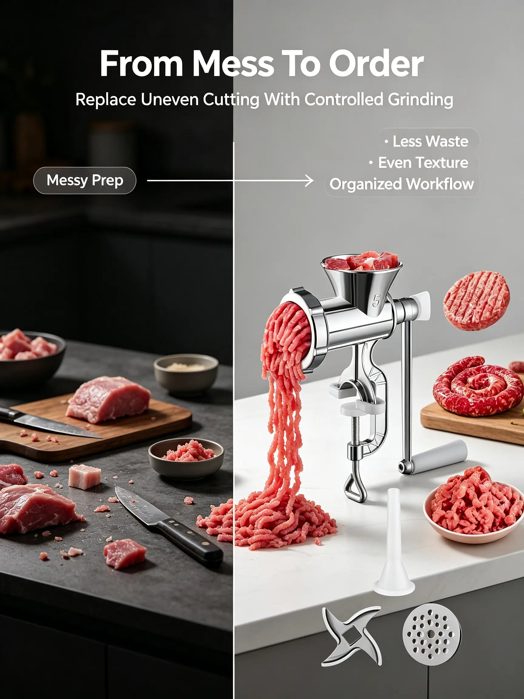 Manual Meat Grinder - Premium Stainless Steel Construction with Tungsten Blade, Includes 3 Sausage Tubes, Efficient Electric-Free Mincer for Home and Camping Use