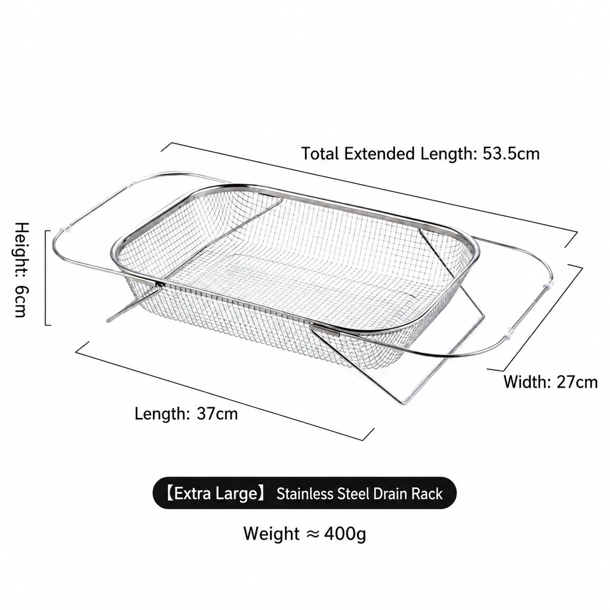 Stainless Steel Expandable Over-the-Sink Colander Strainer Basket with Handles - Rectangular Fine Mesh Kitchen Utensil in Silver