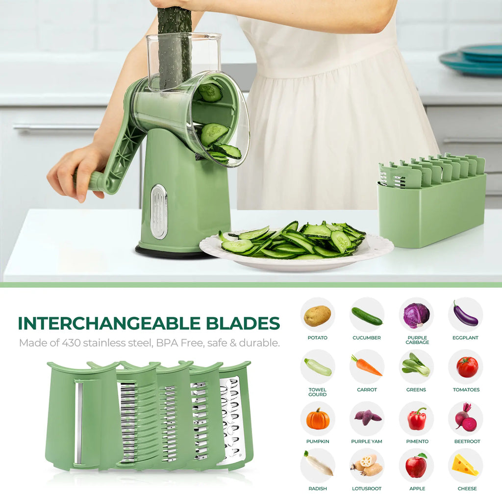 SUSTEAS Manual Cheese Shredder and Rotary Grater with 5 Stainless Steel Blades, Strong Suction Cup Base, Multi-Functional Vegetable Slicer, Kitchen Utensils and Gadgets