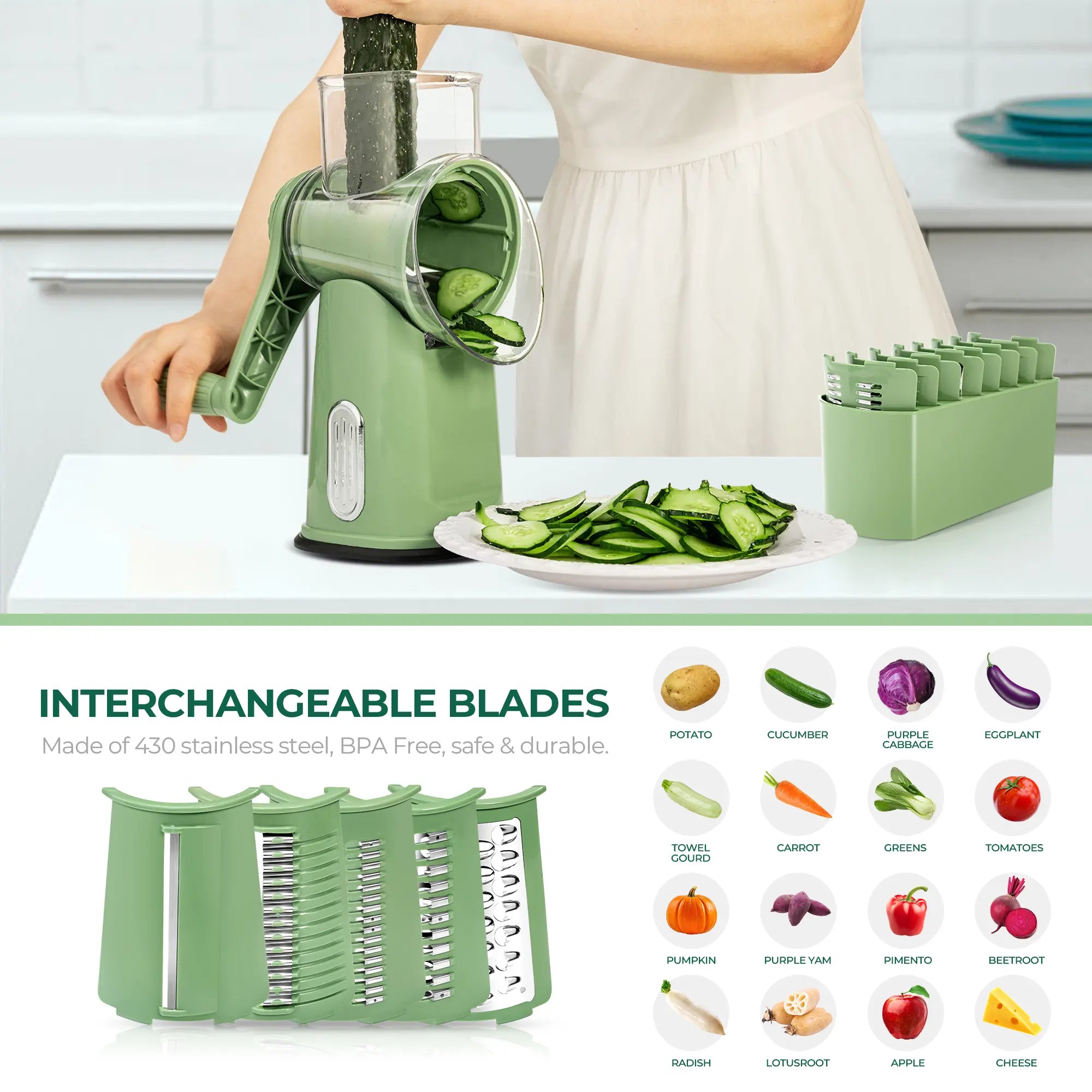 SUSTEAS Manual Cheese Shredder and Rotary Grater with 5 Stainless Steel Blades, Strong Suction Cup Base, Multi-Functional Vegetable Slicer, Kitchen Utensils and Gadgets