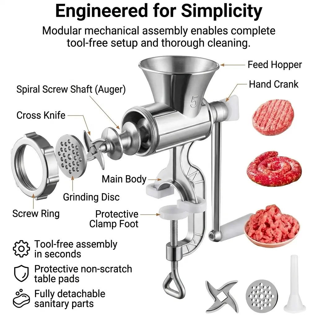 Manual Meat Grinder - Premium Stainless Steel Construction with Tungsten Blade, Includes 3 Sausage Tubes, Efficient Electric-Free Mincer for Home and Camping Use