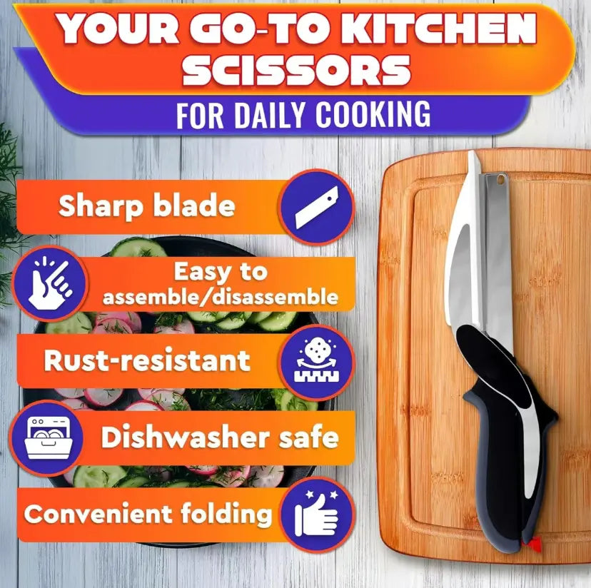 2-in-1 Heavy Duty Kitchen Scissors with Stainless Steel Blade and Plastic Cutting Board - Safety Lock, Tomato Cutter, Meat and Cheese Shears for Food Preparation, Fruit and Vegetable Slicing