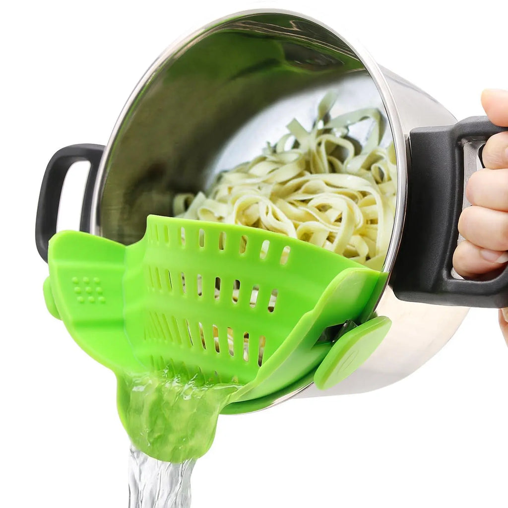 Gray Silicone Clip-On Pasta Strainer - Heat-Resistant Colander for Efficient Draining of Vegetables and Noodles - Space-Saving Kitchen Utensil